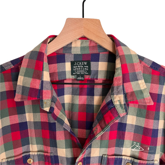 J. Crew Men's Flannel Button Down Shirt Size Large Red Yellow Blue Green Plaid - Picture 2 of 5
